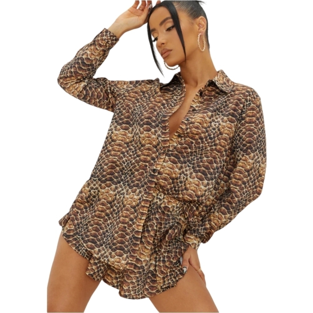 Prettylittlething Brown Snakeskin Print‎ Oversized Shirt